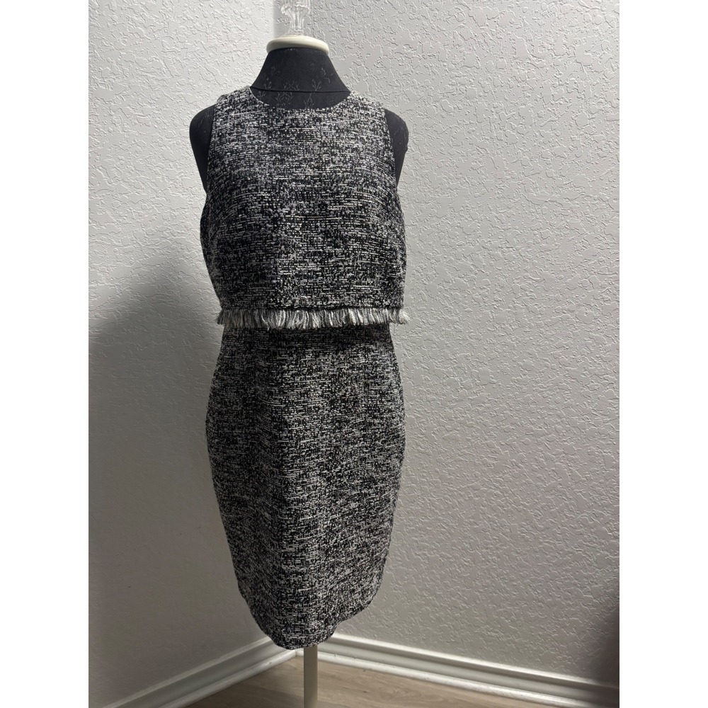 Karl Lagerfeld Paris Black White Tweed Fringe Popover Sheath Dress LD6T1132 Sz 8